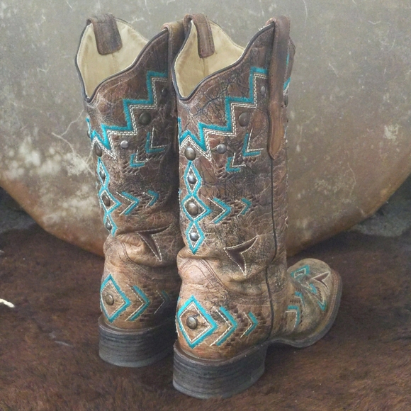 CORRAL E1024 Brown/turquoise aztec distressed cowgirl boots square toe sz 7.5 - Picture 5 of 16